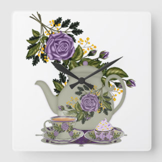 Teekanne, Rose, Kuchen, Teeküche Quadratische Wanduhr