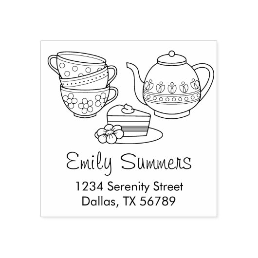 Teekanne, Teakups und Cake-Adresse Gummistempel (Prägung)