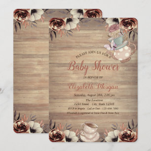 Teekanne Teetasse Blume Wood Baby Dusche Einladung