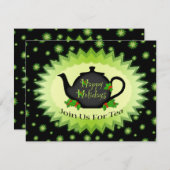 Teekanne und Holly Chrisrmas Party Einladung (Vorne/Hinten)