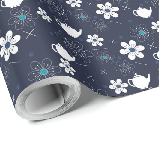 Teekannen und Blume Geschenkpapier (Rolleneckpunkt)