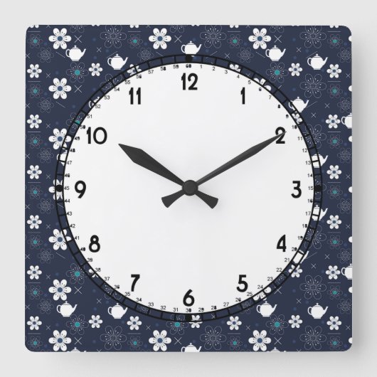 Teekannen und Blume Quadratische Wanduhr (Vorderseite)