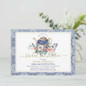 Teekarte mit blauen Fliesen Brautparty Einladung (Stehend Vorderseite)