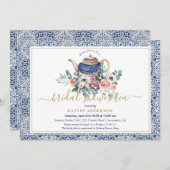 Teekarte mit blauen Fliesen Brautparty Einladung (Vorne/Hinten)