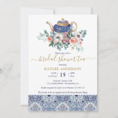Teekarte mit blauen Fliesen Brautparty Einladung (Vorderseite)