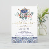 Teekarte mit blauen Fliesen Brautparty Einladung (Stehend Vorderseite)