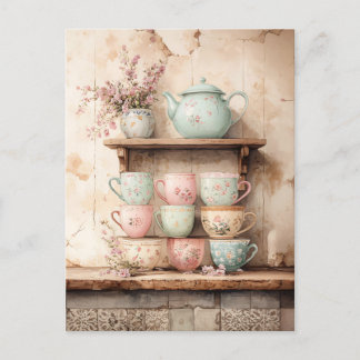 Teekuchen und Teekocher Set Rustikal Postkarte
