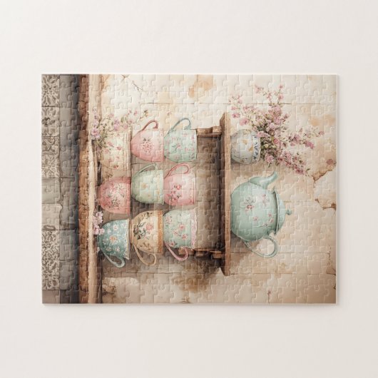 Teekuchen und Teekocher Set Rustikal Puzzle (Horizontal)