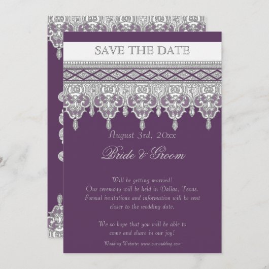 Teelöffel, Lila & grau - Save the Date Einladung (Vorne/Hinten)