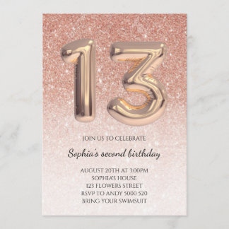 Teen 13. Geburtstag Rose Gold Glitzer Foil Ballon Einladung