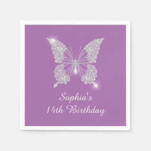 Teen Birthday Diamond Butterfly Name Age, Lavender Serviette (Vorderseite)