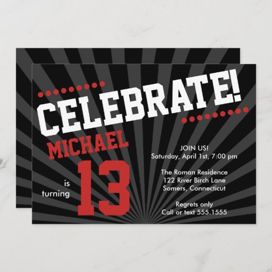 Teen Boy Geburtstag Einladung jedes Jahr, rot (Vorne/Hinten)