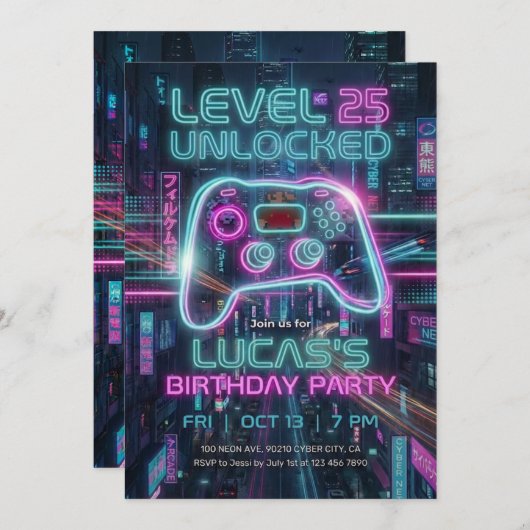 Teen Gamer Birthday Invitation Cyberpunk Game Einladung (Vorne/Hinten)