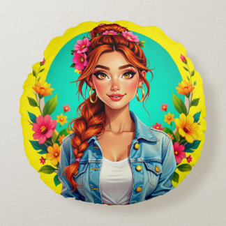 Teen Girl Ästhetik - Blumenportrait Cartoon Rundes Kissen