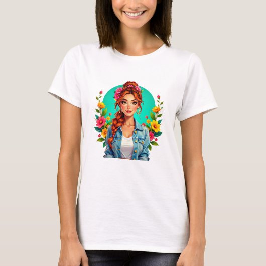Teen Girl Ästhetik - Blumenportrait Cartoon T-Shirt (Vorderseite)