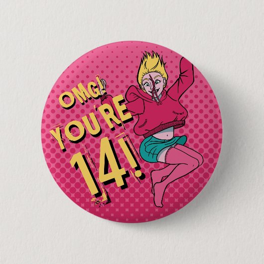 Teen Girl Jumping Pink 14. Geburtstag Button (Vorderseite)