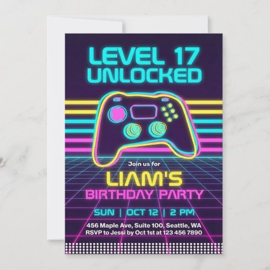 Teen Retro Neon Gamer Birthday Invitation for Boys Einladung (Vorderseite)