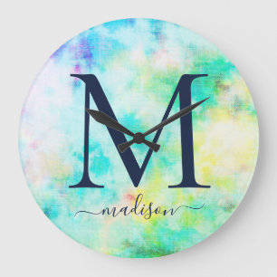 Teen Tie-Dye Monogram Name Große Wanduhr
