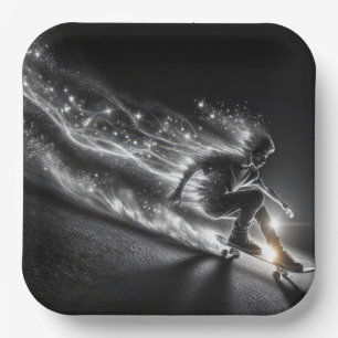 Teenager auf einem Skateboard mit Neonlicht Pappteller