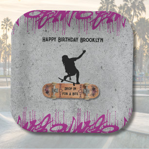 Teenager-Mädchen-Skateboard-Geburtstag-Lila-Graffi Pappteller