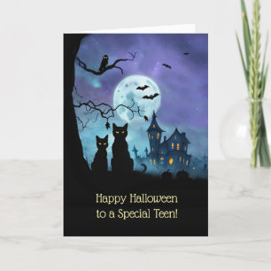 Teenager oder Teenager frohe Halloween-Schwarzkatz Karte