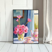 Teeparty-Rosa-Blumenmalerei-Blumen Poster
