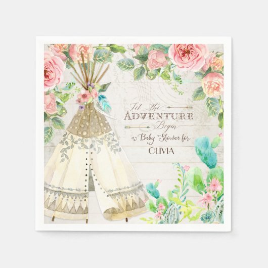 Teepee Boho Tribal Baby Girl Shower Rose Cactus Serviette (Vorderseite)
