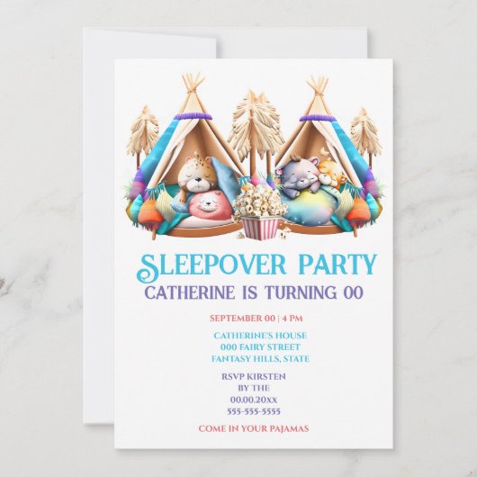 Teepee-Cartoon-Tiere schlafen Popcorn-Kinder Einladung (Vorderseite)