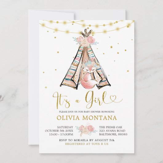 Teepee Pink Floral Fox Babydusche Einladung (Vorderseite)