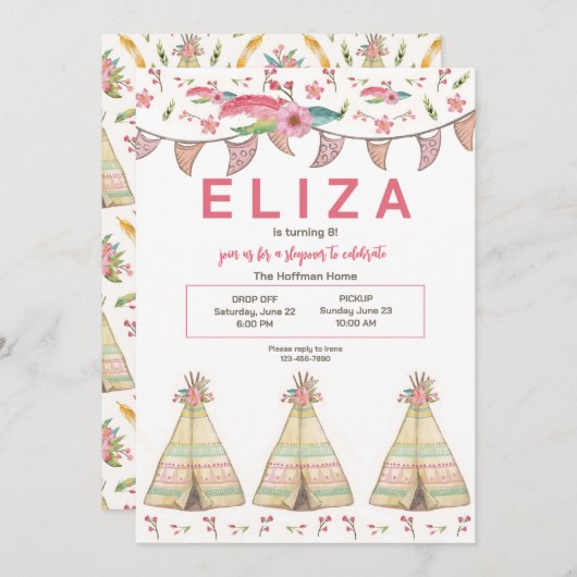 Teepee Sleepover Einladung (Vorne/Hinten)