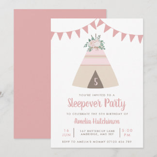 Teepee Slumber Party Girls Pink Floral Geburtstag Einladung