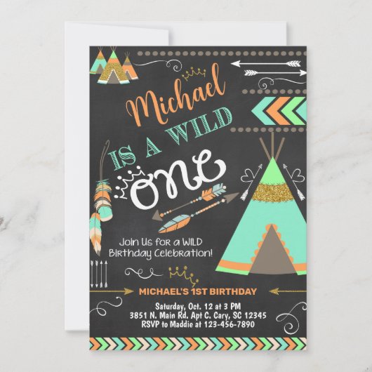 Teepee Wild One Junge Einladung zum 1. Geburtstag. (Vorderseite)
