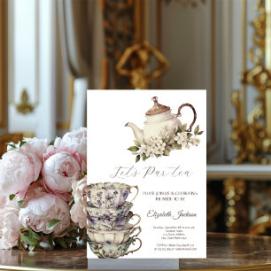 Teeset Tasse Teekanne Blumen Gold Brautparty Einladung