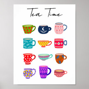 Teestunde Helle Wasserfarben-Tassen Bunte Küche  Poster