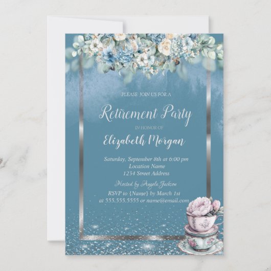 Teetasse Dusty Blue Blumen Einladung (Vorderseite)