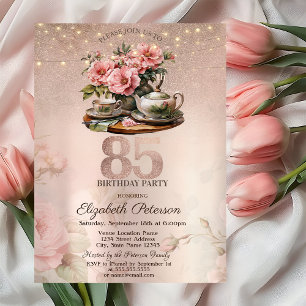 Teetassen Blumen Glitter Rosen Gold 85. Geburtstag Einladung