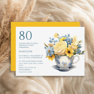 Teetassen-Gelb-Blau-Blumen 80. Geburtstag Einladung