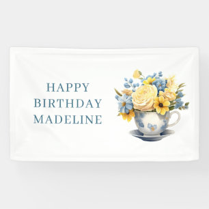 Teetassen-Gelb-Blau-Blumen-Geburtstag Banner