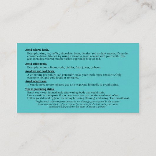 Teeth Whitening Aftercare Instruction Visitenkarte (Rückseite)