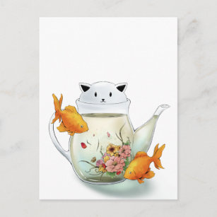 Teetrinken im Teekessel und Goldfisch Postkarte