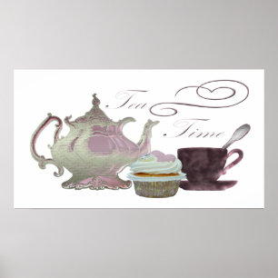 Teezeit-lila-Teekanne, Tee-up und Cupcake-Poster Poster