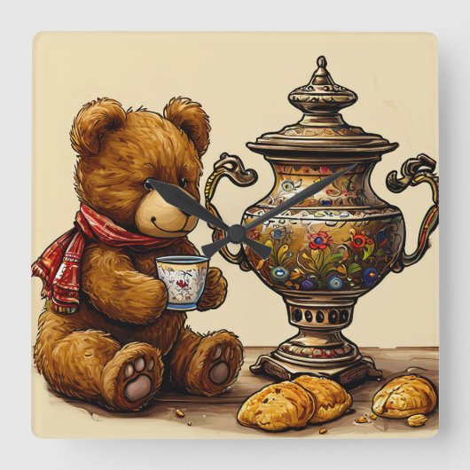 Teezeit mit Bär Quadratische Wanduhr (Vorderseite)