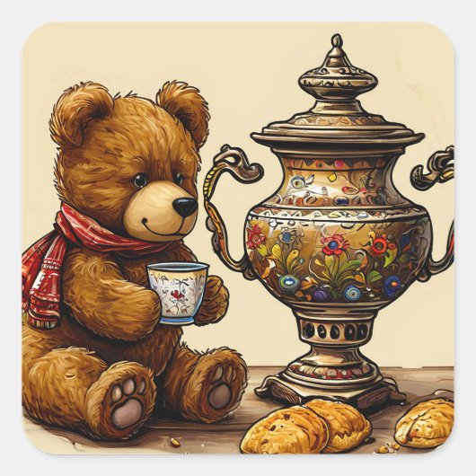 Teezeit mit Bär Quadratischer Aufkleber (Vorderseite)