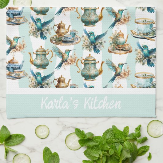 Teezeit mit Hummingvögeln Mit Monogramm Geschirrtuch (Gefaltet)