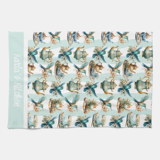 Teezeit mit Hummingvögeln Mit Monogramm Geschirrtuch (Horizontal)