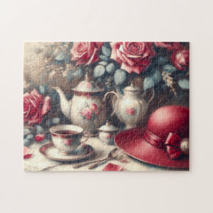 Teezeit  Rosa Rose und Teetasse  Puzzle