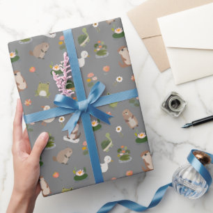 Teich-Tiere & Seerosenblätter auf Grau Geschenkpapier