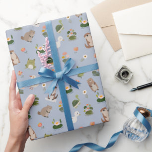 Teich Tiere & Seerosenblätter auf Hellblau Geschenkpapier