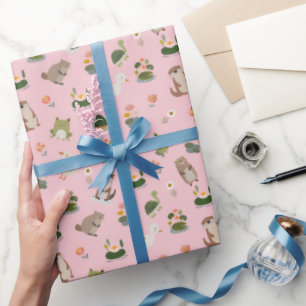 Teich-Tiere & Seerosenblätter auf Hellrosa Geschenkpapier