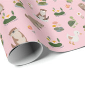 Teich-Tiere & Seerosenblätter auf Hellrosa Geschenkpapier (Rolleneckpunkt)